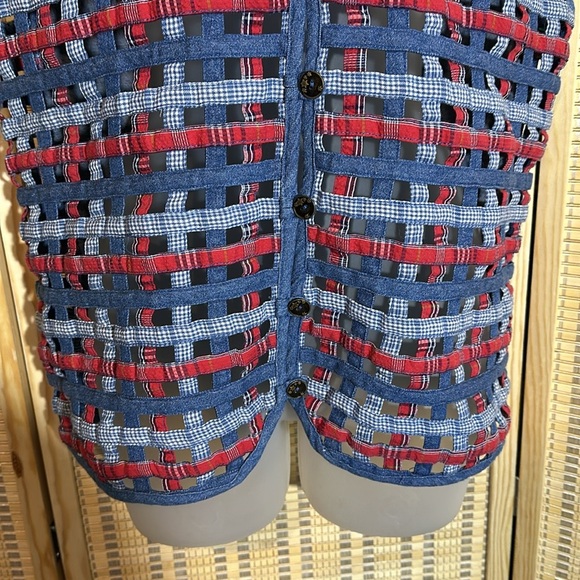 Koret City Blues Vintage 1990s Y2K Blue Denim Patchwork Open Holes Vest Large - Picture 7 of 15
